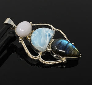 Larimar Pendant, Labradorite Pendant, Pink Opal Wire Wrapped Pendant, Gemstone Pendant, Silver Jewelry Gifts for Her, Bohemian Jewelry