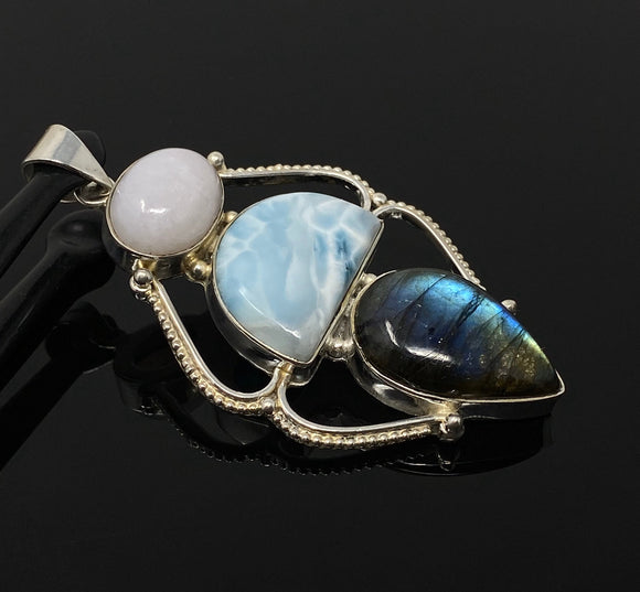 Larimar Pendant, Labradorite Pendant, Pink Opal Wire Wrapped Pendant, Gemstone Pendant, Silver Jewelry Gifts for Her, Bohemian Jewelry
