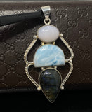 Larimar Pendant, Labradorite Pendant, Pink Opal Wire Wrapped Pendant, Gemstone Pendant, Silver Jewelry Gifts for Her, Bohemian Jewelry