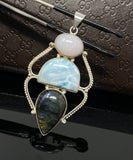 Larimar Pendant, Labradorite Pendant, Pink Opal Wire Wrapped Pendant, Gemstone Pendant, Silver Jewelry Gifts for Her, Bohemian Jewelry