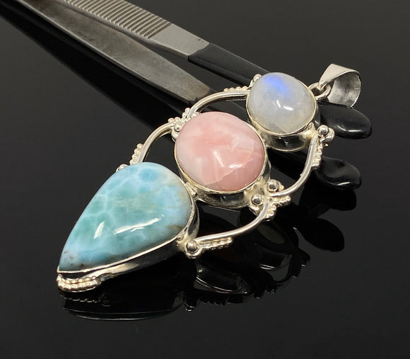 Gemstone Pendant - Larimar, Rainbow Moonstone and Pink Opal, Wire Wrapped Pendant, Silver Jewelry Gifts for Her, Bohemian Jewelry