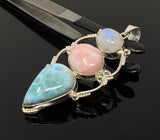 Gemstone Pendant - Larimar, Rainbow Moonstone and Pink Opal, Wire Wrapped Pendant, Silver Jewelry Gifts for Her, Bohemian Jewelry