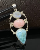 Gemstone Pendant - Larimar, Rainbow Moonstone and Pink Opal, Wire Wrapped Pendant, Silver Jewelry Gifts for Her, Bohemian Jewelry