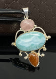 Gemstone Pendant - Larimar, Morganite and Sunstone , Wire Wrapped Pendant, Silver Jewelry Gifts for Her, Bohemian Jewelry