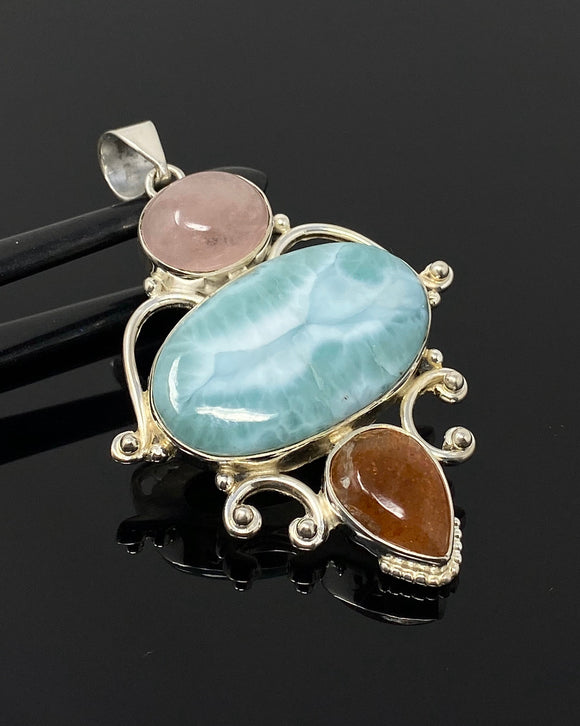 Gemstone Pendant - Larimar, Morganite and Sunstone , Wire Wrapped Pendant, Silver Jewelry Gifts for Her, Bohemian Jewelry