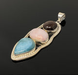 Gemstone Pendant - Larimar, Cats Eye and Pink Opal, Wire Wrapped Pendant, Silver Jewelry Gifts for Her, Bohemian Jewelry