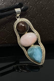 Gemstone Pendant - Larimar, Cats Eye and Pink Opal, Wire Wrapped Pendant, Silver Jewelry Gifts for Her, Bohemian Jewelry