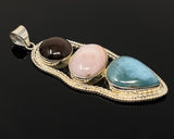 Gemstone Pendant - Larimar, Cats Eye and Pink Opal, Wire Wrapped Pendant, Silver Jewelry Gifts for Her, Bohemian Jewelry