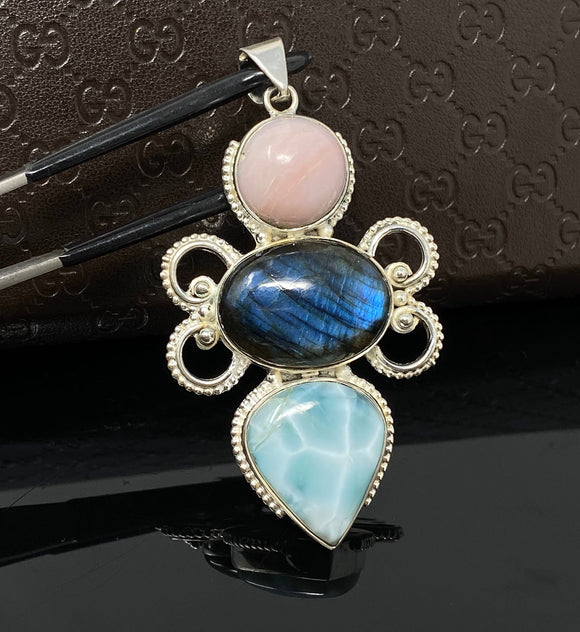 Larimar Pendant, Labradorite Pendant, Pink Opal Wire Wrapped Pendant, Gemstone Pendant, Silver Jewelry Gifts for Her, Bohemian Jewelry
