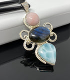 Larimar Pendant, Labradorite Pendant, Pink Opal Wire Wrapped Pendant, Gemstone Pendant, Silver Jewelry Gifts for Her, Bohemian Jewelry