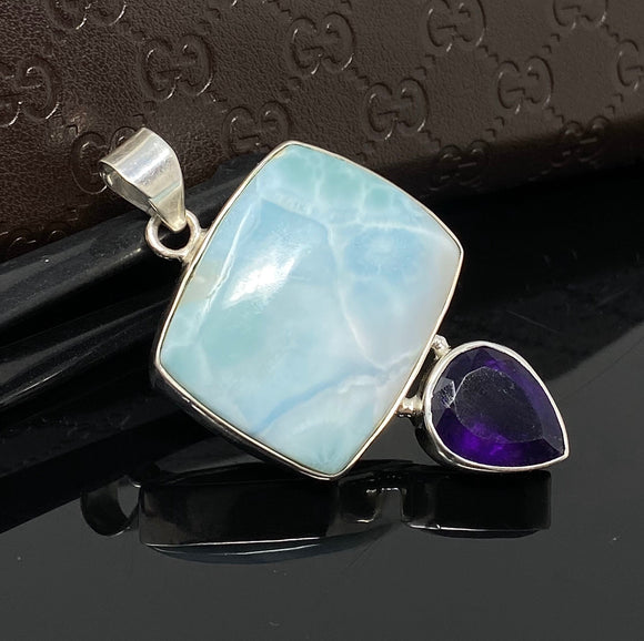 Natural Larimar and Amethyst Gemstone Pendant, Sterling Silver Jewelry, Larimar Pendant, Amethyst Pendant, Bohemian Jewelry