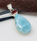 Natural Larimar and Garnet Gemstone Pendant, Sterling Silver Jewelry, Larimar Pendant, Garnet Pendant, Bohemian Jewelry