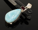 Natural Larimar and Garnet Gemstone Pendant, Sterling Silver Jewelry, Larimar Pendant, Garnet Pendant, Bohemian Jewelry