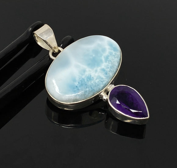 Natural Larimar and Amethyst Gemstone Pendant, Sterling Silver Jewelry, Larimar Pendant, Amethyst Pendant, Bohemian Jewelry