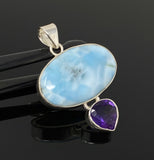 Natural Larimar and Amethyst Gemstone Pendant, Sterling Silver Jewelry, Larimar Pendant, Amethyst Pendant, Bohemian Jewelry