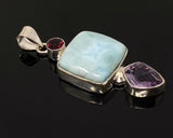 Natural Larimar, Garnet and Amethyst Gemstone Pendant, Sterling Silver Jewelry, Larimar Pendant, Amethyst Pendant, Bohemian Jewelry