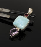 Natural Larimar, Garnet and Amethyst Gemstone Pendant, Sterling Silver Jewelry, Larimar Pendant, Amethyst Pendant, Bohemian Jewelry