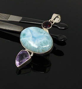 Natural Larimar, Garnet and Amethyst Gemstone Pendant, Sterling Silver Jewelry, Larimar Pendant, Amethyst Pendant, Bohemian Jewelry