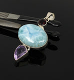 Natural Larimar, Garnet and Amethyst Gemstone Pendant, Sterling Silver Jewelry, Larimar Pendant, Amethyst Pendant, Bohemian Jewelry