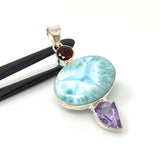 Natural Larimar, Garnet and Amethyst Gemstone Pendant, Sterling Silver Jewelry, Larimar Pendant, Amethyst Pendant, Bohemian Jewelry