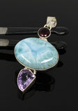 Natural Larimar, Garnet and Amethyst Gemstone Pendant, Sterling Silver Jewelry, Larimar Pendant, Amethyst Pendant, Bohemian Jewelry