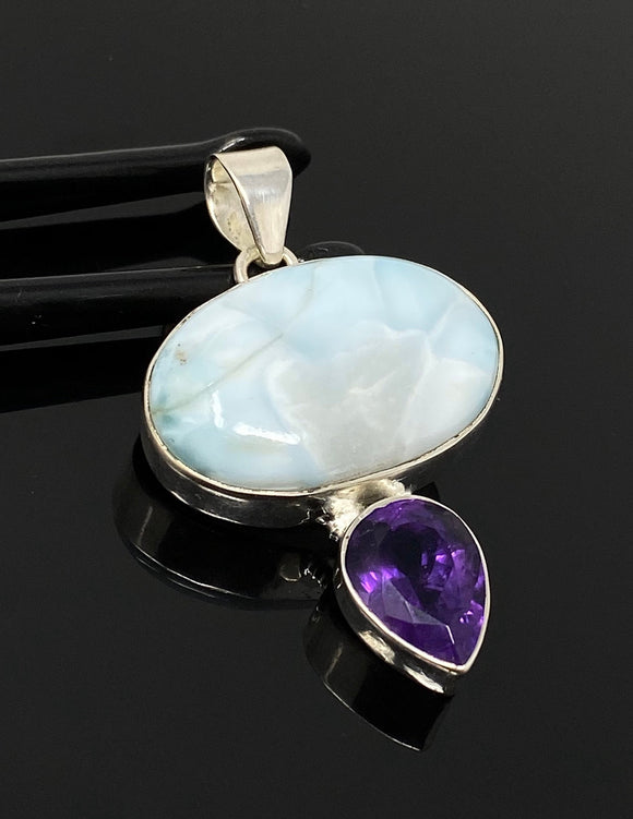 Natural Larimar and Amethyst Gemstone Pendant, Sterling Silver Jewelry, Larimar Pendant, Amethyst Pendant, Bohemian Jewelry