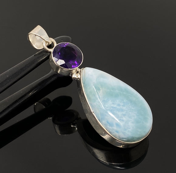 Natural Larimar and Amethyst Gemstone Pendant, Sterling Silver Jewelry, Larimar Pendant, Amethyst Pendant, Bohemian Jewelry