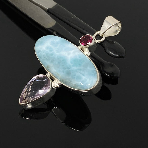 Natural Larimar, Garnet and Amethyst Gemstone Pendant, Sterling Silver Jewelry, Larimar Pendant, Amethyst Pendant, Bohemian Jewelry
