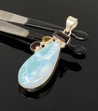 Natural Larimar with Garnet and Citrine Gemstone Pendant, Sterling Silver Jewelry, Larimar Pendant, Citrine Pendant, Bohemian Jewelry