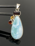 Natural Larimar with Garnet and Citrine Gemstone Pendant, Sterling Silver Jewelry, Larimar Pendant, Citrine Pendant, Bohemian Jewelry