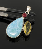 Gemstone Pendant - Larimar, Ruby and Lemon Quartz, Bohemian Jewelry, Larimar Pendant, Sterling Silver Jewelry