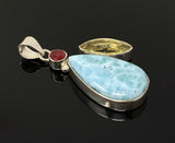 Gemstone Pendant - Larimar, Ruby and Lemon Quartz, Bohemian Jewelry, Larimar Pendant, Sterling Silver Jewelry