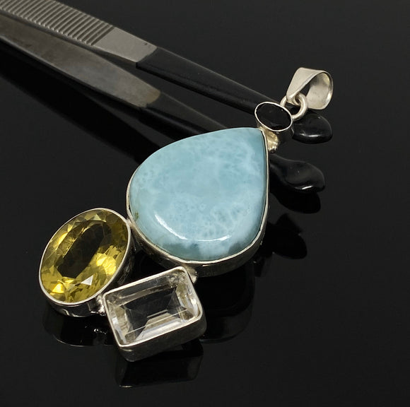 Gemstone Pendant - Larimar, Smokey Quartz and Lemon Quartz, Bohemian Jewelry, Larimar Pendant, Sterling Silver Jewelry