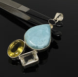 Gemstone Pendant - Larimar, Smokey Quartz and Lemon Quartz, Bohemian Jewelry, Larimar Pendant, Sterling Silver Jewelry