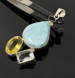 Gemstone Pendant - Larimar, Smokey Quartz and Lemon Quartz, Bohemian Jewelry, Larimar Pendant, Sterling Silver Jewelry