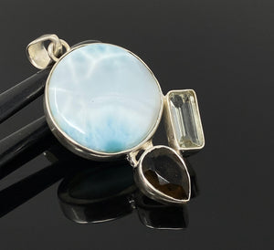 Gemstone Pendant - Larimar, Smokey Quartz and Green Amethyst , Bohemian Jewelry, Larimar Pendant, Sterling Silver Jewelry