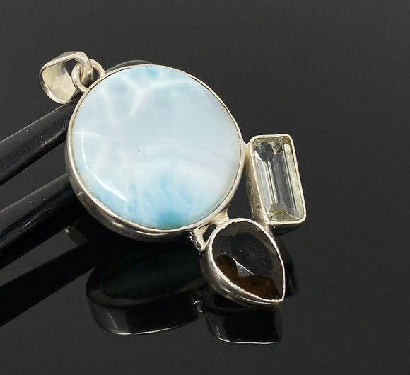 Gemstone Pendant - Larimar, Smokey Quartz and Green Amethyst , Bohemian Jewelry, Larimar Pendant, Sterling Silver Jewelry