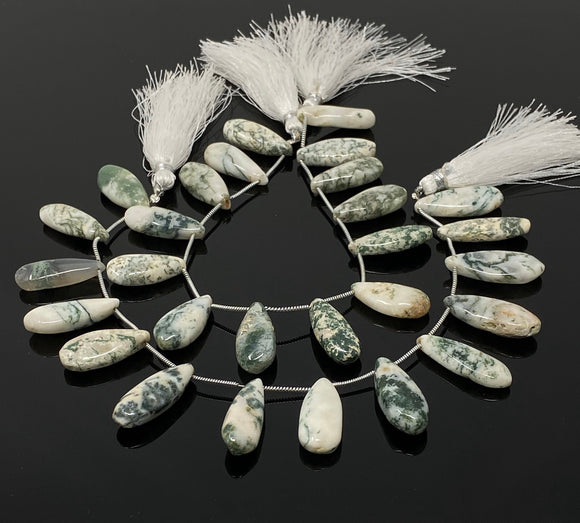 Natural Tree Agate Gemstone Beads, Tree Agate Long Pear Beads, Bulk Wholesale Beads, 8” Str/ 13- 14 Pcs