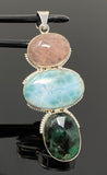 Larimar Gemstone Pendant with Emerald and Morganite , Wire Wrapped Pendant, Silver Jewelry Gifts for Her, Bohemian Jewelry