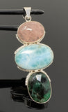 Larimar Gemstone Pendant with Emerald and Morganite , Wire Wrapped Pendant, Silver Jewelry Gifts for Her, Bohemian Jewelry