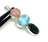 Larimar Gemstone Pendant with Emerald and Morganite , Wire Wrapped Pendant, Silver Jewelry Gifts for Her, Bohemian Jewelry