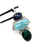 Silver Gemstone Pendant: Larimar, Emerald and Blue Sapphire, Spiritual Healing Crystal Pendant, Chakra Jewelry, Birthstone Jewlery Gifts