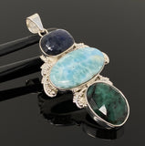 Silver Gemstone Pendant: Larimar, Emerald and Blue Sapphire, Spiritual Healing Crystal Pendant, Chakra Jewelry, Birthstone Jewlery Gifts
