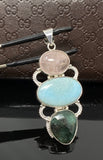 Silver Gemstone Pendant : Larimar, Emerald & Morganite, Spiritual Healing Pendant, Chakra Jewelry, Birthstone Pendant , Crystal Jewelry Gift