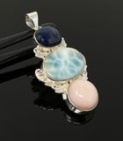Larimar Gemstone Pendant with Blue Sapphire and Pink Opal, Wire Wrapped Pendant, Silver Jewelry Gifts for Her, Bohemian Jewelry
