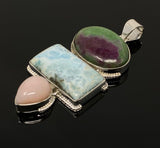 Larimar Gemstone Pendant with Ruby Zoisite and Pink Opal, Wire Wrapped Pendant, Silver Jewelry Gifts for Her, Bohemian Jewelry