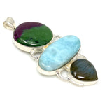 Larimar Gemstone Pendant with Ruby Zoisite and Labradorite , Wire Wrapped Pendant, Silver Jewelry Gifts for Her, Bohemian Jewelry