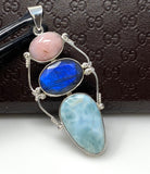 Gemstone Pendant - Larimar, Pink Opal and Labradorite , Wire Wrapped Pendant, Silver Jewelry Gifts for Her, Bohemian Jewelry