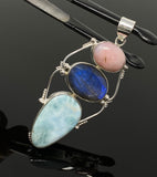 Gemstone Pendant - Larimar, Pink Opal and Labradorite , Wire Wrapped Pendant, Silver Jewelry Gifts for Her, Bohemian Jewelry