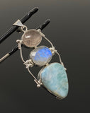 Larimar Gemstone Pendant with Morganite and Moonstone , Wire Wrapped Pendant, Silver Jewelry Gifts for Her, Bohemian Jewelry
